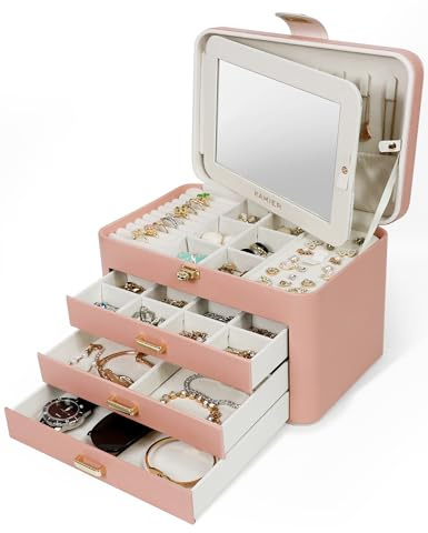 KAMIER Jewelry Organizer Box for Women - 4 Layer Drawer Jewellery Storage with Lock and Mirror - Jewelry Case for Necklaces Rings Bracelets Earring Holder Organizers (Pink)
