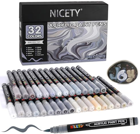 NICETY 32 Colores Rotuladores Acrílicos - Marcadores de Pincel para Pintura en Piedra, Madera, Vidrio, Cerámica - Punta de Pincel 1-6mm, Rotuladores Acrílicos a Base de Agua (Gris)