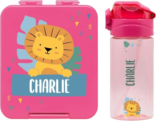 bienpegado – Set con botella personalizada para niños y fiambrera infantil con nombre de plástico – Botella con pajita de 450 ml – 100% libres de BPA (Rosa oscuro)