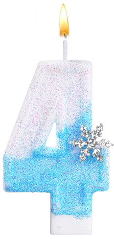 Alaoo Velas de cumpleaños con números 4, 3D, Velas de cumpleaños con número de Copo de Nieve Azul y Blanco para, Velas de Cumpleaños Niñas Mujeres para Pastel, Decoración Aniversarios