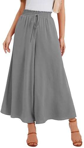WUWUSKY Pantaloni a Gamba Larga Donna in Vita Alta Estivi Pantalone Larghi Lunghi da Lavoro Casual con 2 Tasche, 01 Grigio Chiaro, 3XL