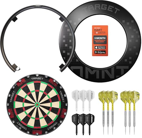 Target Darts Omni Set Completo per Casa | Sistema di Punteggio Automatico con Protezione per Pareti e Bersaglio TOR | Sistema di Illuminazione a LED | Freccette con Punta in Acciaio al Tungsteno 90%