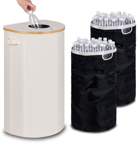 efluky Contenitore per pegni con coperchio, 100 l, grande, con due borse per il trasporto, grigio, contenitore vuoto & vecchio vetro, raccoglitore per bottiglie con foro per cucina beige