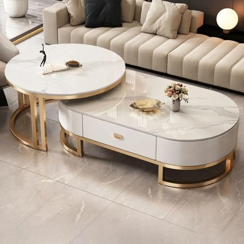 Oval sten soffbord uppsättning med 2 – modernt vardagsrum mittbord med förvaringslåda glasbord svart/grå/vit (119 cm L x 59 cm B x 40 cm H) + (80 cm L x 80 cm B x 45 cm H)