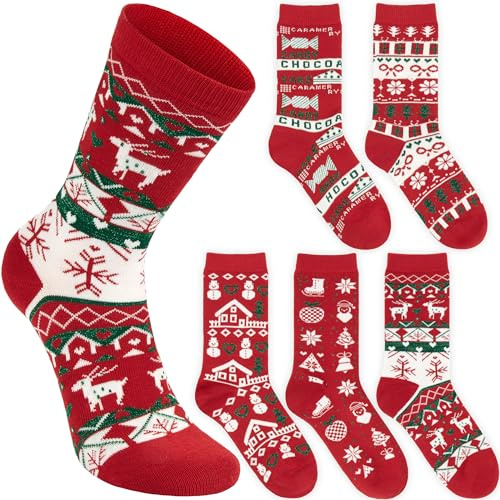 BRUBAKER 5 Par Julsockor för Damer - Julstrumpset med Norskt Mönster - Snöflingor & Snögubbe - Vintersockor i Bomull - Sockset för Julen - Röd & Vit - Perfekt Present för Kvinnor - Storlek 36-41