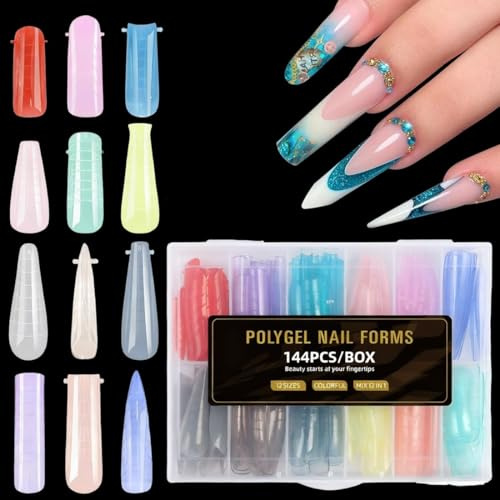 TEOZBLU 144 Pcs Unghie Finte Nail System Dual Nail Form, Nail Dual Form Mandorla Muretto Quadrate, Multicolore Matte Stiletto Nail Form Acrilico Tips Unghie Con Scala Graduata, 12 Stili