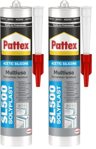 Pattex Sigillante Silicone Acetico Multiuso SL 500, Antimuffa, per Sanitari, Docce, Cucine, Bagni, Piastrelle in Ceramiche, Serramenti, Installazioni Idrauliche, Sigillante Nero, Cartuccia da 300 ml
