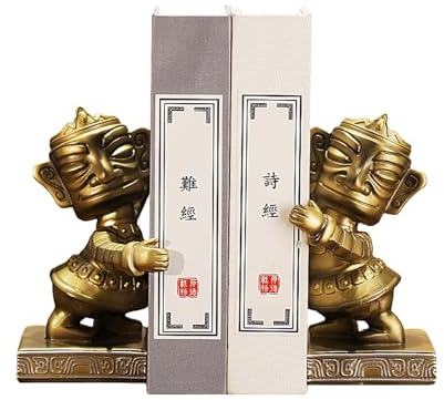 2 fermalibri vintage Sanxingdui in bronzo, figura di soldato in resina, fermalibri decorativi antiscivolo, statue artigianali uniche per casa e ufficio, ornamenti da scrivania color ottone