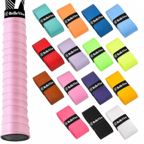 BelleVive Paquete de 15 Empuñaduras de Raqueta de Tenis, Cinta de PU Antideslizante pre-Cortada con sensación Seca, Absorbente de Sudor, Cubierta de Agarre cómoda para Tenis/Bádminton