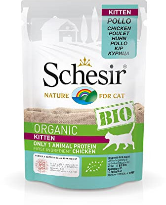 Schesir Cat Bio Kitten Monoprotein Huhn, Katzenfutter nass für Kätzchen, 16 Beutel x 85 g