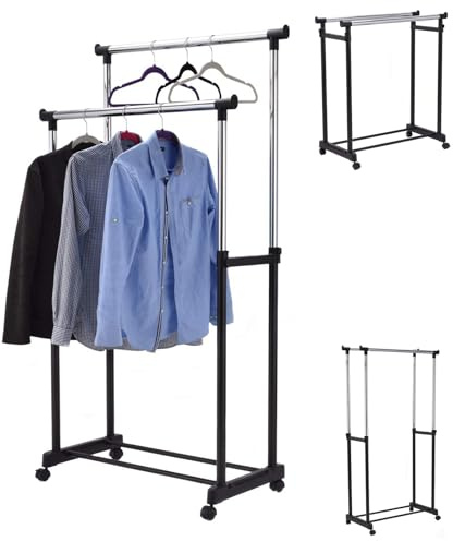 RELAX4LIFE Stand Appendiabiti con Ruote, Appendiabiti da Terra Regolabile in Altezza con Doppia Asta Orizzontale e Ripiano, 4 Ruote Girevoli (2 con Freni), in Acciaio per Balcone (86×43×94-168cm)