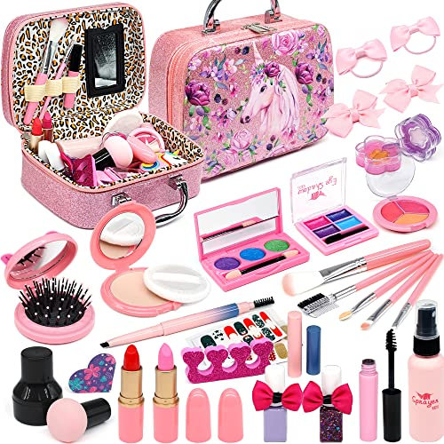 ROKKES Washable Makeup Kit Girls Toy - Kids for Girls, Non Toxic Make Up Set, Little Toddler Children Princess, Christmas Birthday Gifts 4 5 6 7 8 9 10 Year Old Girl