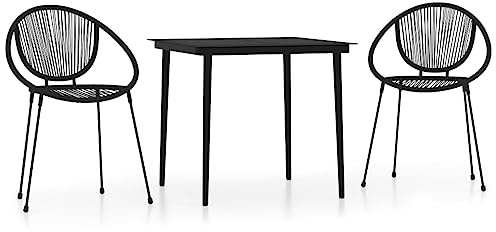 PUGYNBK Jeu de salle à manger de jardin 3 pièces noir table verre acier | Chaises en osier PVC, dossier courbé accoudoirs, max 110 kg par siège, usage extérieur