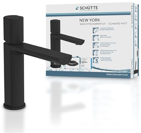 Schütte 33616 NEW YORK Waschtischarmatur mit Ablaufgarnitur, Mischbatterie mit Pop-Up Ventil, Badarmatur Waschbecken, Einhebelmischer Badezimmer, Wasserhahn Bad, Schwarz