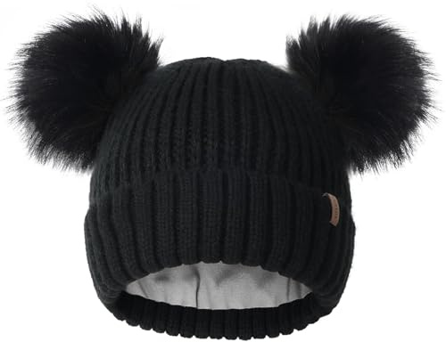 FURTALK Fleece Lined Cute Winter Beanie Hats for Women Girls Warm Knit Hats with Double Faux Fur Pom Poms