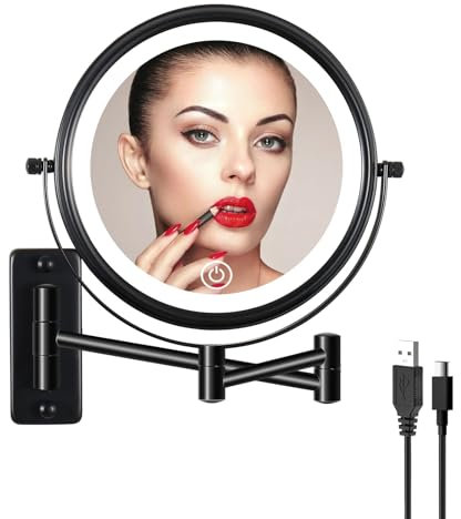 yinjupu LED Kosmetikspiegel mit Beleuchtung 1X/ 5X Vergrößerung Wandmontage, Dimmbarer Schminkspiegel mit Touchschalter USB Aufladen, 3 Farben, 360° Drehbar, Schminkspiegel für Badezimmer Schwarz
