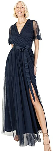 Anaya with Love Ladies Maxi Dress for Women V Neckline Short Sleeve Frilly Long Empire Waist for Wedding Guest Bridesmaid Maid of Honour, Vestito Donna, Navy,