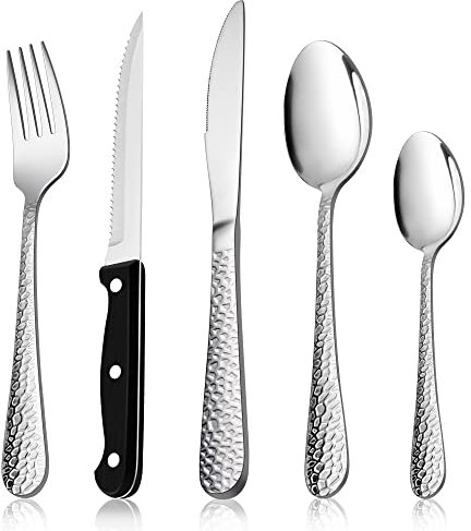 Herogo Cutlery Set, 30 Pieces Stainless Steel Flatware Set with Steak Knives, Hammered Tableware Silverware with Fork Knife Spoon, Service for 6 People, Easy Clean/Dishwasher Safe/Mirror Polished