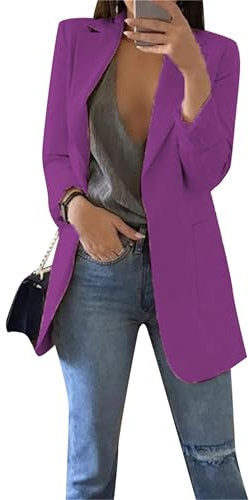 EFOFEI Femme Veste De Costume Simple De Couleur Pure Formel Chemisier Longue Veste De Costume Mi-Longue Violet M