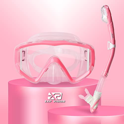 Snorkel Set Pano 3 Window Adult Snorkeling Gear, Professional Snorkel Goggles Anti-Fog Diving Mask, Anti-Leak Swim Goggles and Dry Top Snorkel for Diving, Snorkeling, Swimming (Pink)