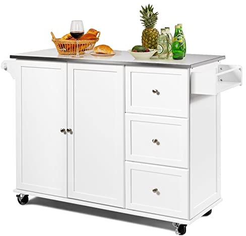 COSTWAY Küchenwagen mit Arbeitsplatte aus Edelstahl, Kücheninsel mit 3 Schubladen & Verstellbarer Ablage & Handtuchhalter, Mobiler Servierwagen Kücheninselwagen, Küchenschrank auf Rollen (Weiß)