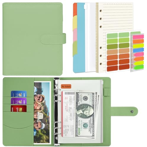 Mlife A5 Notebook Binder Set - 6 Ring PU Leather Planner,5 PCS File Divider,45 Sheets A5 Loose Leaf Paper,Label Stickers,Index Tabs and Clear Cash Envelopes,Personal Organizer Binder (Green)