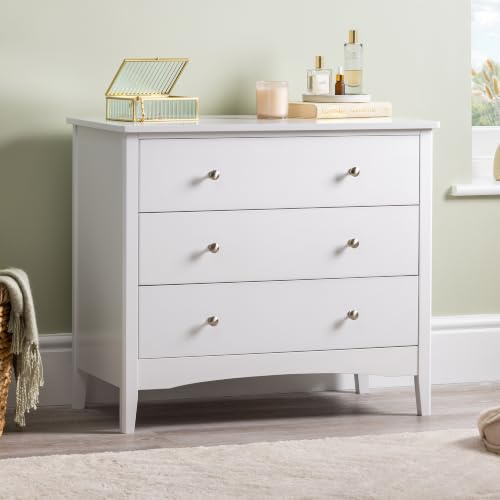 CHRISTOW White Chest Of Drawers, 3 Drawer Storage Organiser Unit, Modern Wooden MDF Bedroom Cabinet Furniture, Living Room Hallway, Brushed Chrome Handles, Smooth Glide Runners (70cm x 80cm x 40cm)