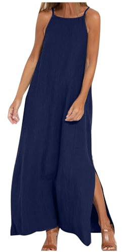 AMhomely Cotton Linen Maxi Dress for Women - Summer Dress with Pocket, Solid Casual A-line Loose Beach Sleeveless Tank Cocktail Hawaiian Sundress - Navy XL