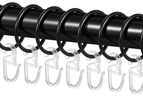 50 Stück Metall Gardinenringe, Schwarz Vorhangringe Duschvorhangringe Curtain Ringe mit 50 Stück Kunststoff Gardinenhaken für Fenster Tür Duschvorhänge, 32 mm Innendurchmesser - Schwarz