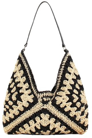 Strohtasche Strandtaschen für Damen Boho Stroh Schultertaschen Vintage Handtasche Damen Basttasche Sommer Korbtaschen Stroh Mesh Tote Bag für Strand Pool (Schwarz)