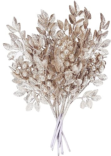 Sea Team 6-Pack Artificial Glitter Holly Berry Twigs, Bacca Stem Ornaments, Decorative Bead Sticks, Picks, Branches for Christmas Tree, Wreath, Vase Fillers, Champagne