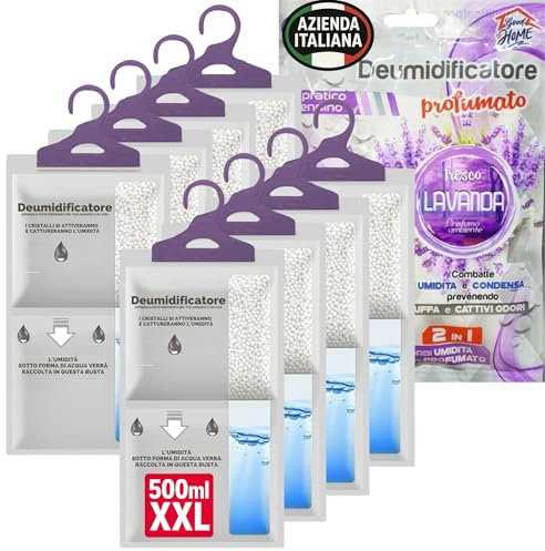 Deumidificatore Armadio Profumato 500ml con Appendino – 8 Sacchetti Anti Umidità XL Lavanda – Antimuffa e Assorbi Odori per Armadi, Camera, Bagno e Casa