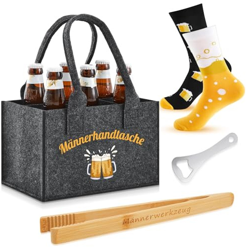 SATINIOR 4 Piezas Set de Regalo de Cerveza para Hombre Incluido Bolsa para Botellas de Hombre de Fieltro con 6 Compartimentos Pinzas para Asar Abrebotellas Calcetines Divertidos de Cerveza(Elegante)