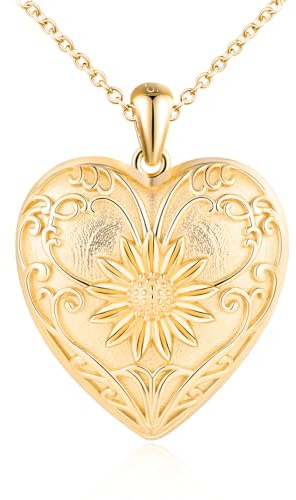 Cuore Portafoto Medaglione Collana Argento 925 Donna: Fiore di Sole Collana di Foto Bellissimo-Ciondolo Portafoto Collane Amuleto Gioielli-Compleanno Anniversario Natale Regali per Lei Oro