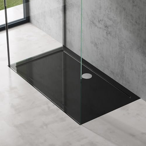doporro Plato de Ducha 75x100x4cm Acrílico en Negro Conexiones DIN apto para Instalación a ras de Suelo Faro2