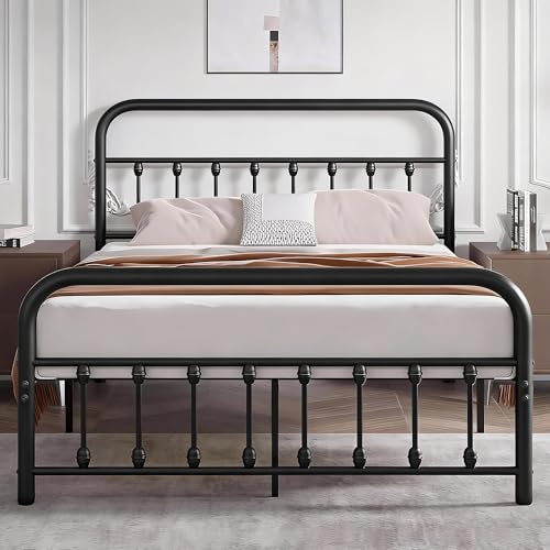 Lit Double en métal avec sommier à Lattes, 140 x 200 cm, avec tête de lit Haute, Grand Espace de Rangement sous Le lit, Noir
