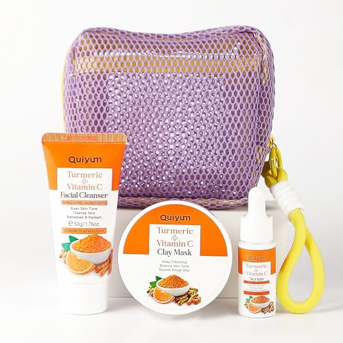 QUIYUM Set Curcuma Vitamine C Visage, Soin de la Peau, Nettoyant, Sérum et Masque Argile, 3 Pièces Format Voyage