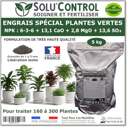 5 kg d'Engrais Spécial Plantes Vertes 6-3-6 - Croissance, Feuillage Dense & Vitalité - Formulation Organo-Minerale - Libération Lente - Convient Plantes Intérieur & Extérieur - Fabriqué en France