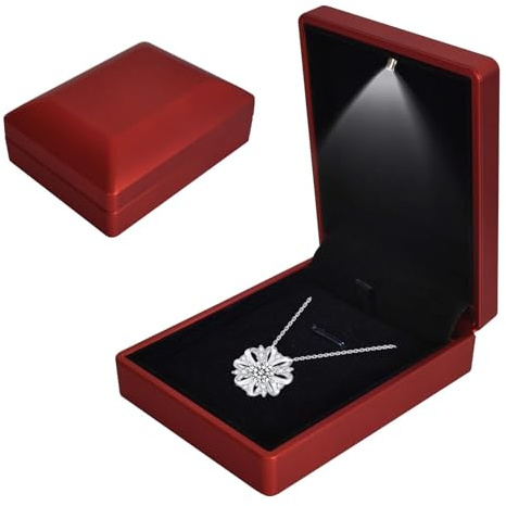 Colexy Schmuck-Geschenkbox mit LED-Licht, Samt Halskette Anhänger Armband Display Box, LED Beleuchtet Anhänger Schmuckschatulle, für Vorschläge Hochzeit Verlobung Valentinstag, 7 * 9 * 3.3cm, Rot