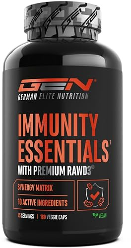 Immunity Essentials Complesso - 180 capsule con beta-glucano, vitamina C, D3 (RAWD3®), zinco, quercetina, echinacea, sambuco ed estratti vegetali - ad alto dosaggio, vegano
