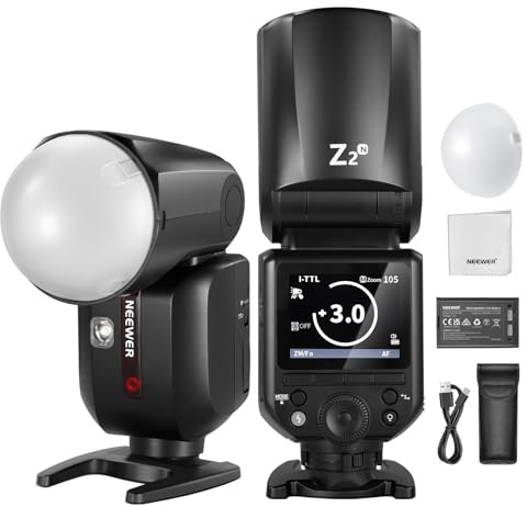 NEEWER Z2-N 2.4G TTL Flash Speedlite Cabeza Redonda Compatible con Nikon, 600 Flashes a Máx Potencia, 3000mAh, 76W 1/8000s HSS, 2 Lámparas Modelado, Difusor Luz, TTL/M Toggle Key para 2.4G Sistema Q