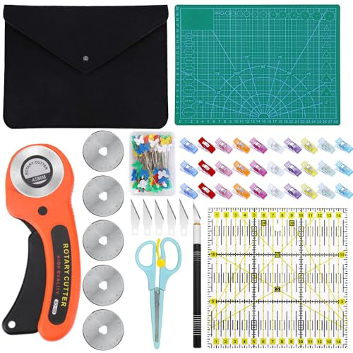Rotary Cutter, ADDLIVE 96PCS Fabric Cutter Wheel and Mat Set, Rotary Cutter for Fabric, Fabric Cutter Wheel with Cutting Mat Patchwork Ruler Carving Knife for Cutting Fabric, Paper, Leather, Cloth