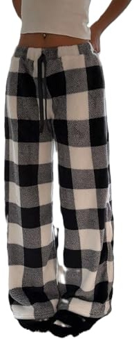 WINKEEY Pantalon Pyjama Femme en Polaire Douce Bas de Pyjama Pantalon Large Taille Haute Élastique Léopard Tendance Y2K, Carreaux M
