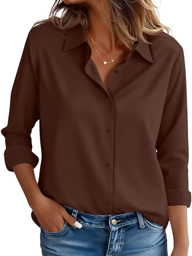 Professional Long Sleeve Dressy Shirt for Women Office Work Blouse Attire Classic Fit Collared Top Wrinkle Free Easy Care Stretch Fabric Daily Workwear Stain Resistant Brown Size S