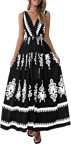PRETTYGARDEN Womens Floral Maxi Dress 2026 Sleeveless Vneck Belt Ruffle Long Dresses Boho Summer Beach Vacation Clothes (Black,Large)