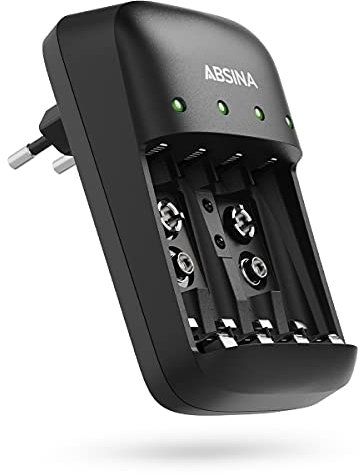 ABSINA Cargador de batería AA AAA y 9 V – NiMH Cargador baterías 4 Compartimentos para Pilas Recargables – Cargador de batería para Pilas AAA, AA y Bloque de 9 V – Cargador de batería