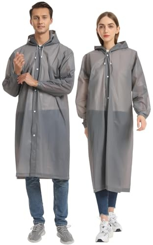 Opret 2 Pack Portable EVA Raincoats for Adults, Reusable Rain Ponchos with Hoods and Sleeves Lightweight Raincoats, Perfect for Outdoor Activities, Grey
