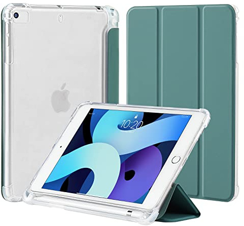 4UBonLife Fodral för iPad Mini 5 Mini 4 med Pennhållare 7,9 tum, Smalt Lätt Smart Cover Case, Mjuk TPU Genomskinligt Frostat Bakskydd Skal för iPad Mini 4:e 5:e, Nattgrön