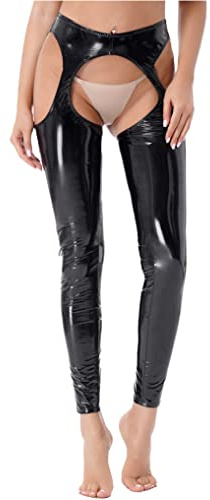 Doomiva Legging Simili Cuir Femme Sexy Pantalon Ouvert Fesse Nue Jambières Longues Pantalon Cuir Verni Brillant Wetlook Erotique Collants Taille Haute Noir Clubwear S-XXL Noir D XXL