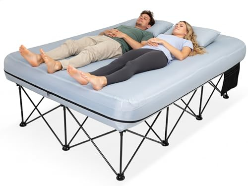 FUNDANGO Double Camping Bed with Inflatable Air Mattress Folding 2 Person Camp Beds Camping Cot Portable AirBed with Pump Side Table Sleeping Cot Guest Bed for Travel Fishing Picnic Indoor